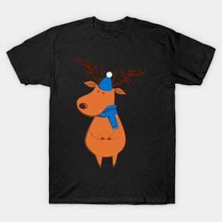 Funny Christmas Reindeer in Blue Hat & Scarf T-Shirt